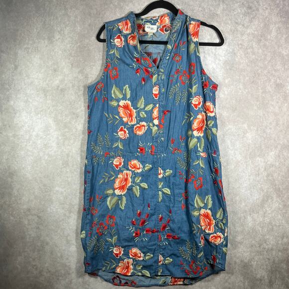 Beige By ECI‎ Shift Dress Women 10 Blue Denim Floral Embroidered Boho Artsy - Picture 1 of 9